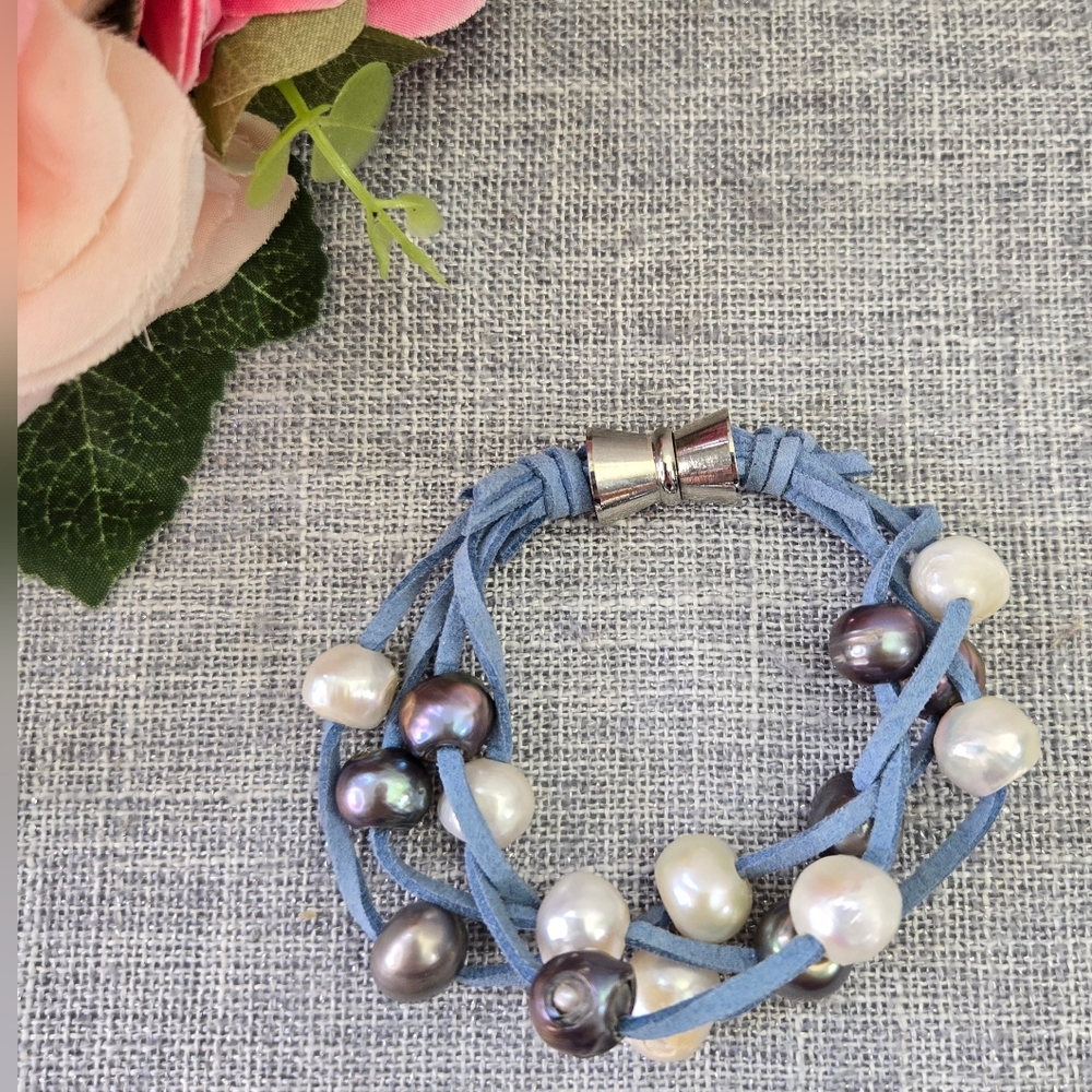 Multicolored‎ Freshwater Pearl 4 Strands Suede Leather Magnetic Clasp Bracelet